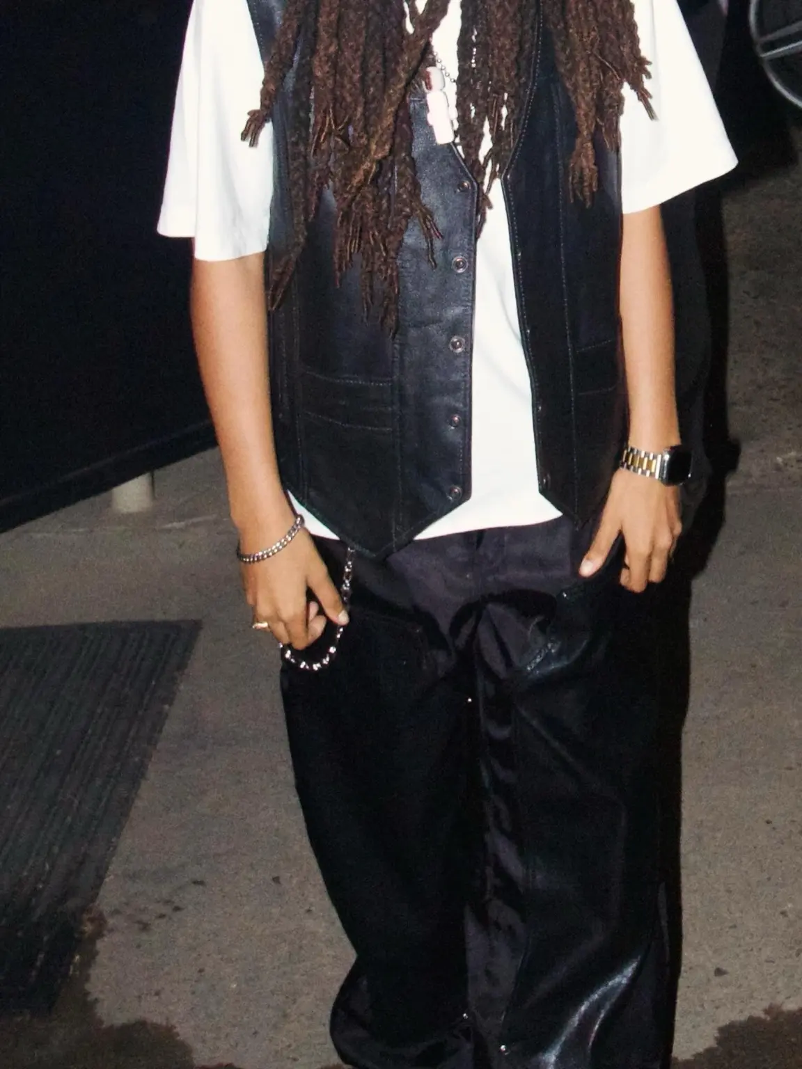 Black and white nighttime streetwear look